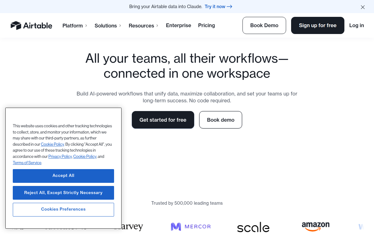 Homepage of airtable.com