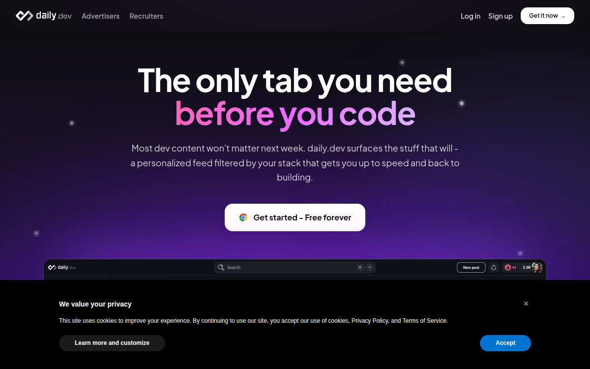 Homepage of daily.dev
