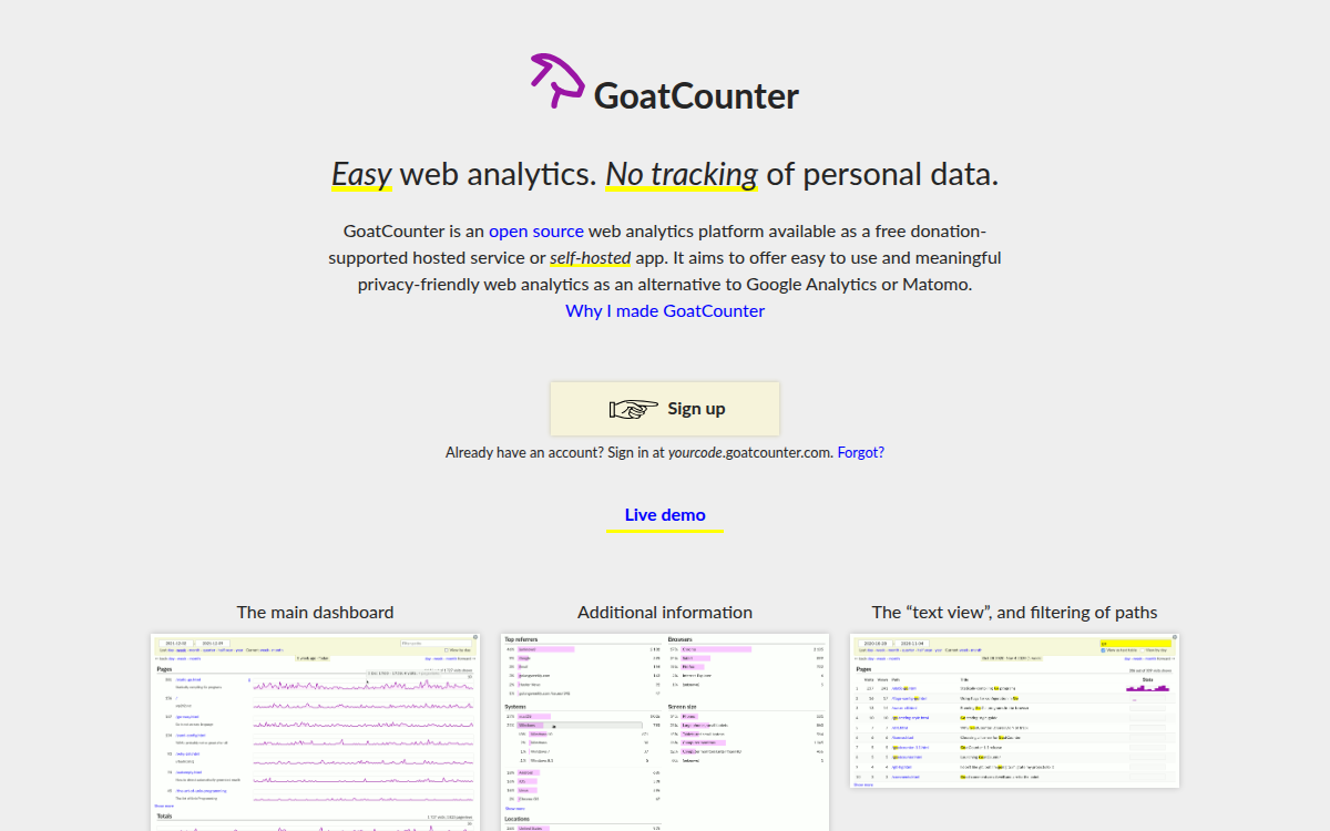 Homepage of goatcounter.com