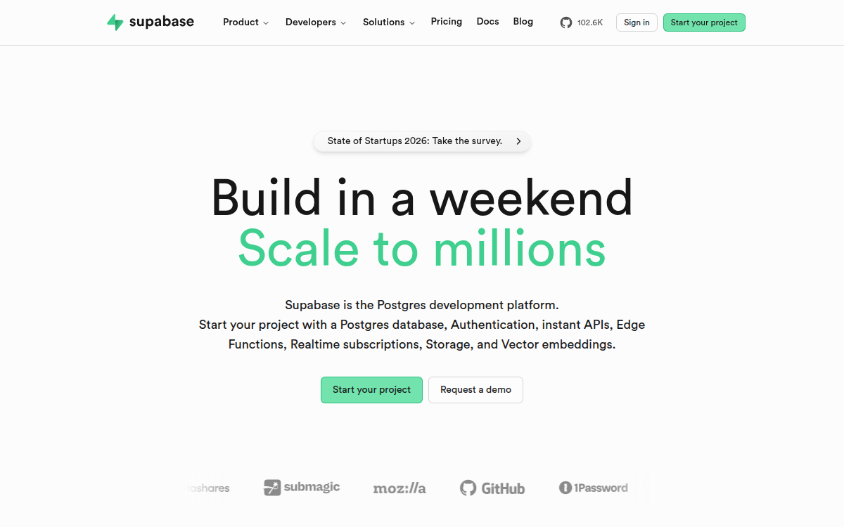 Homepage of supabase.com