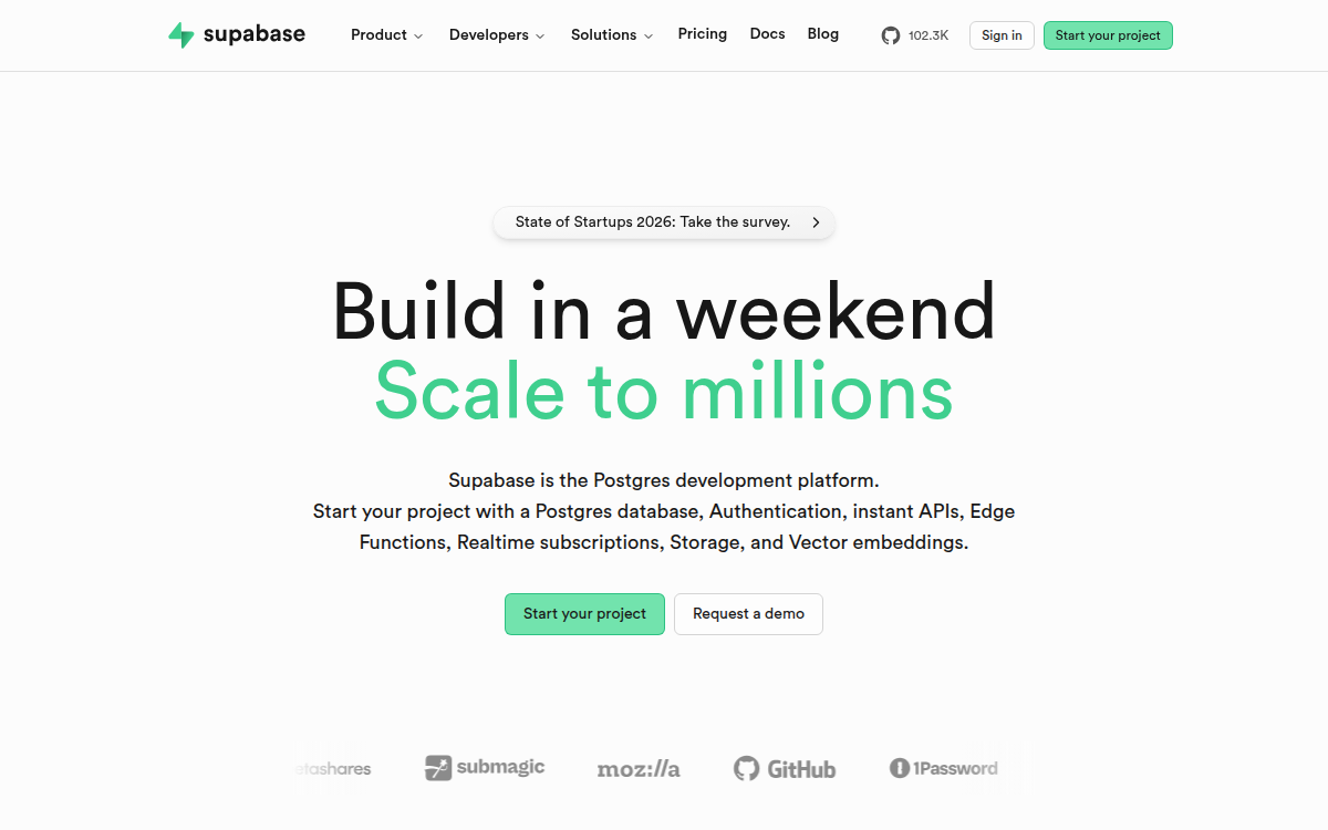 Homepage of supabase.com