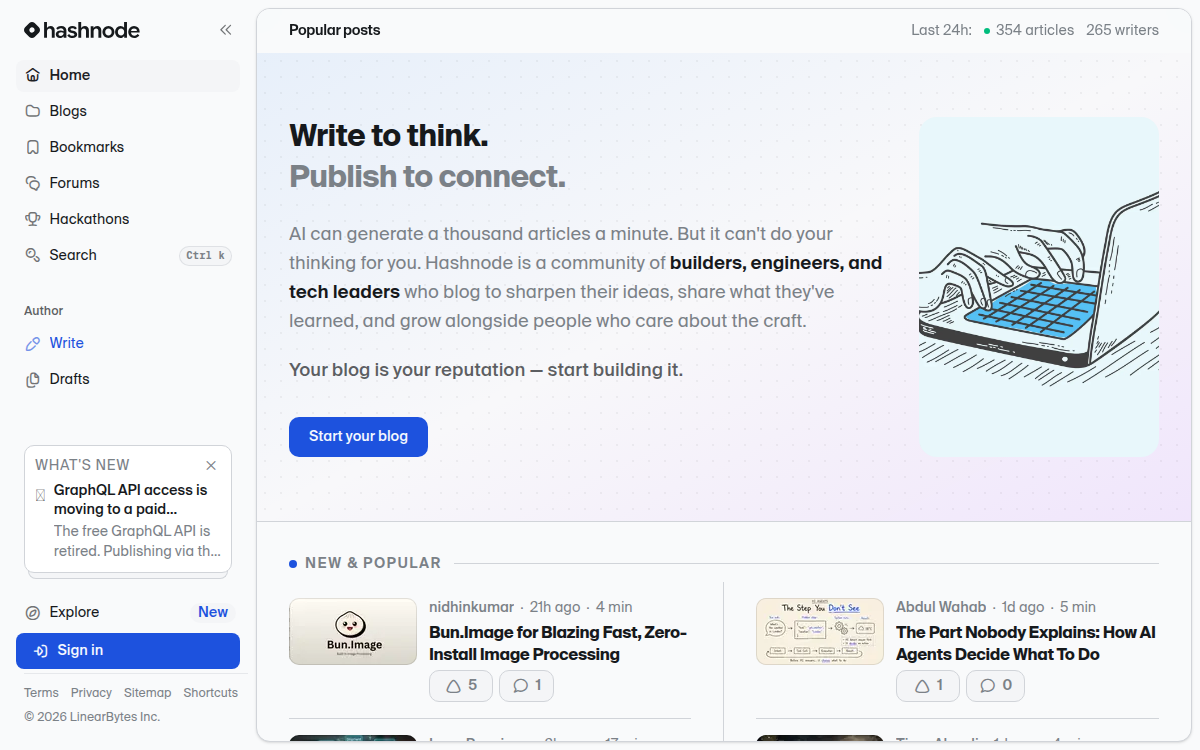 Homepage of hashnode.com