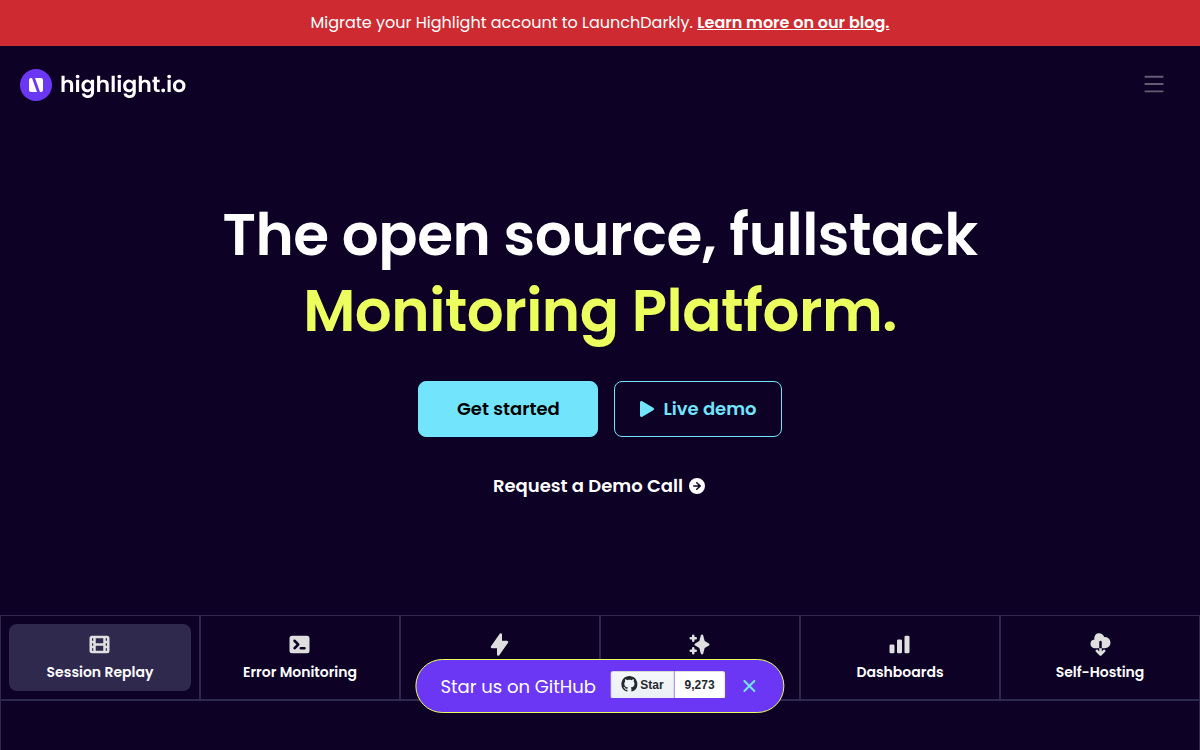 Homepage of highlight.io