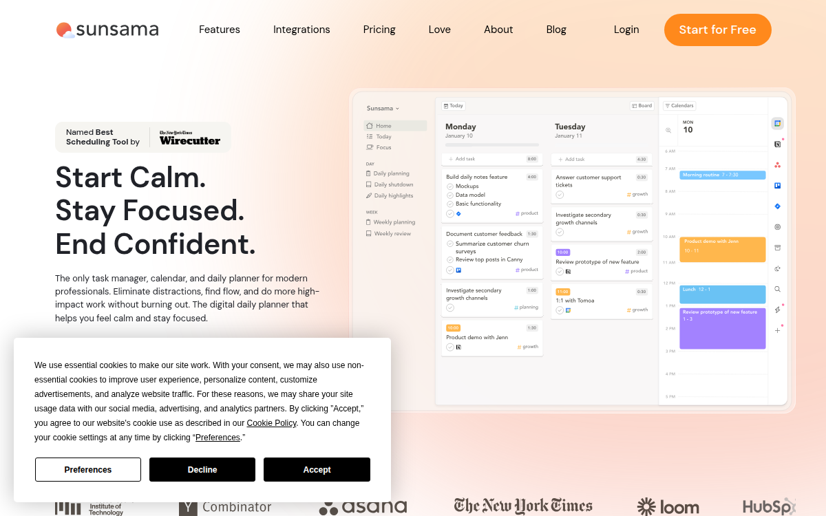 Homepage of sunsama.com