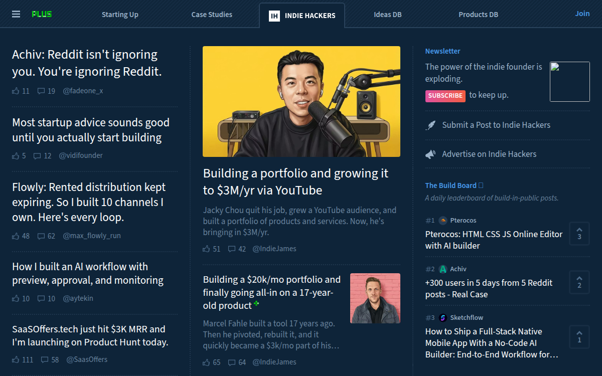 Homepage of indiehackers.com
