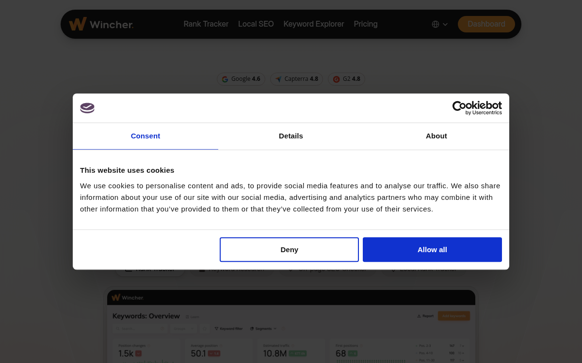 Homepage of wincher.com
