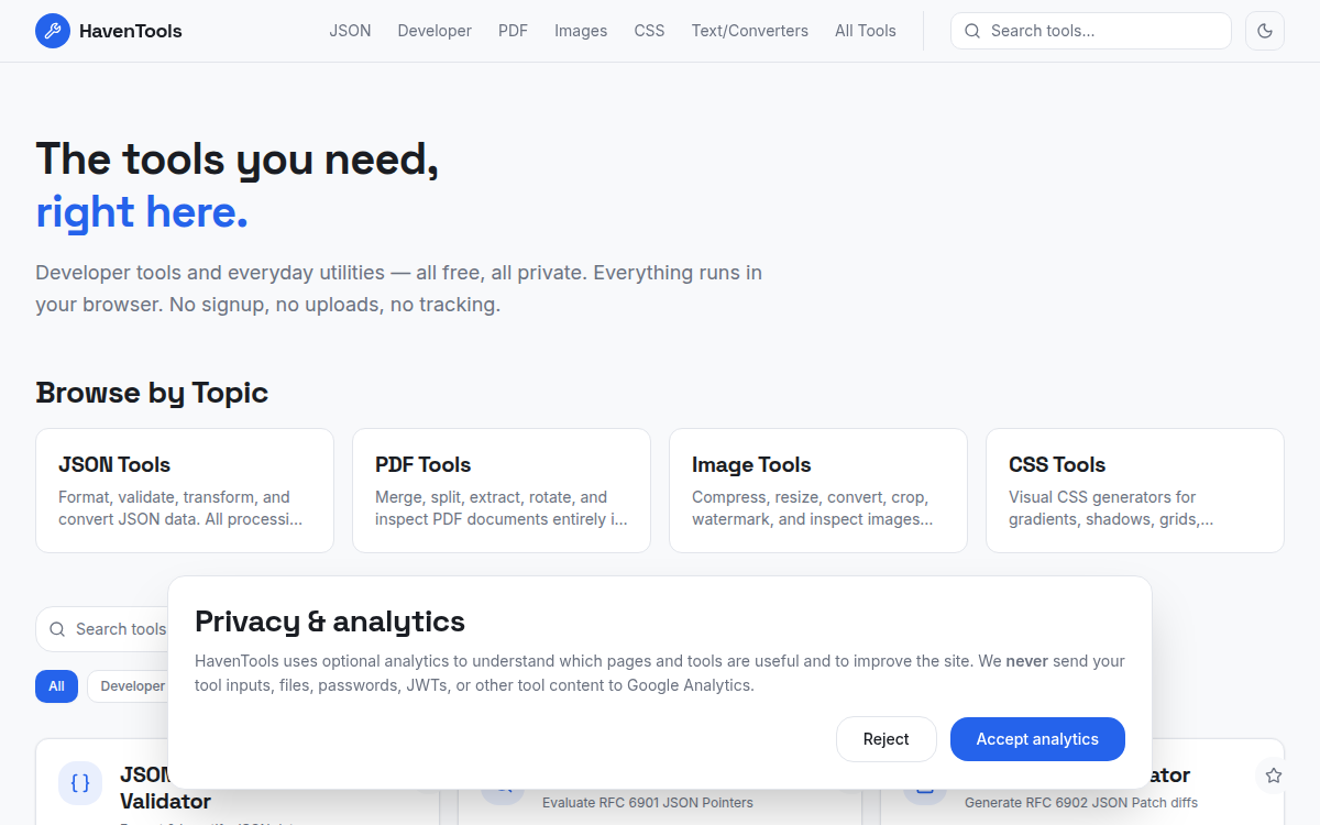 Homepage of haventools.dev