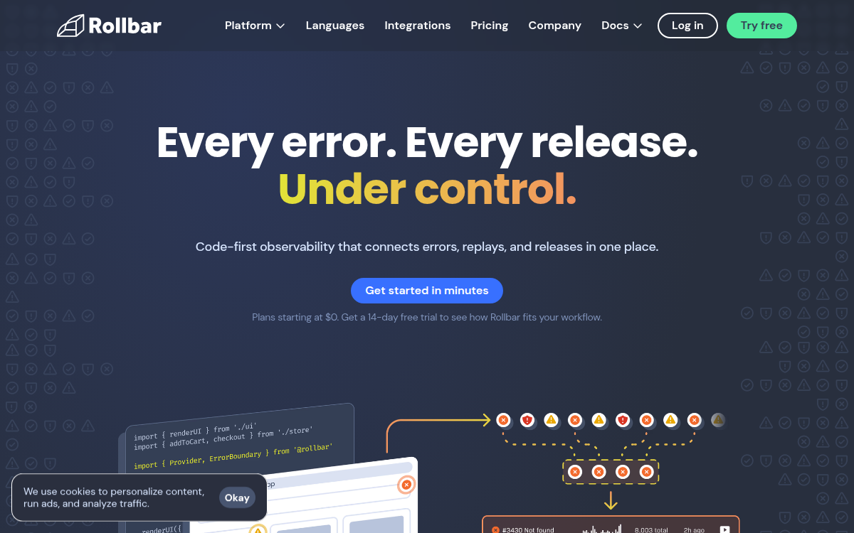 Homepage of rollbar.com