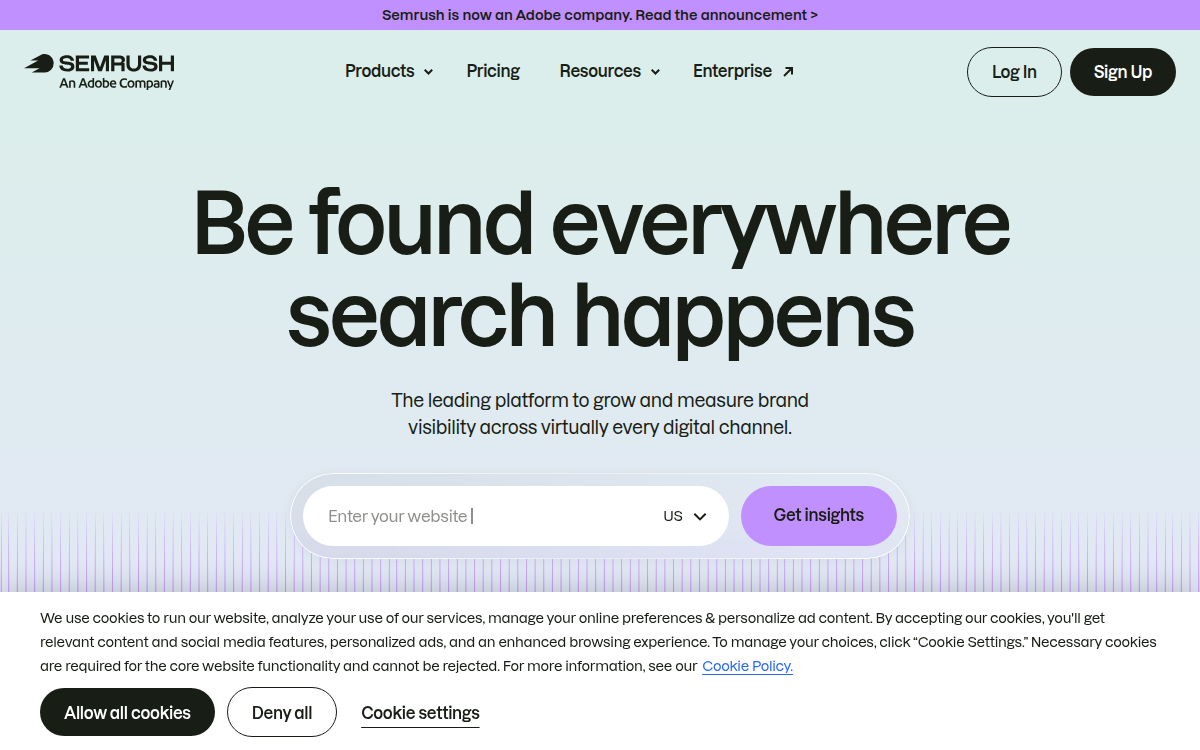 Homepage of semrush.com