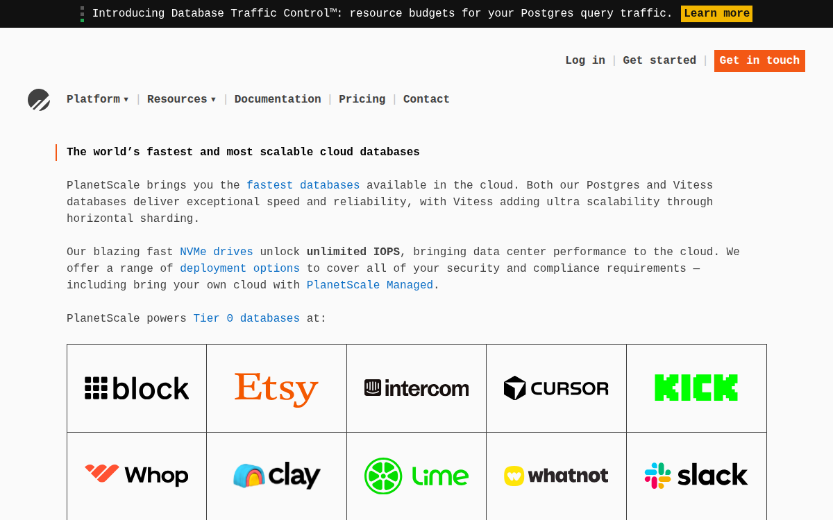 Homepage of planetscale.com
