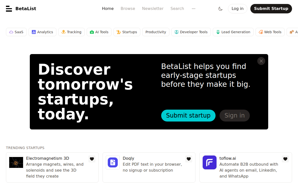 Homepage of betalist.com