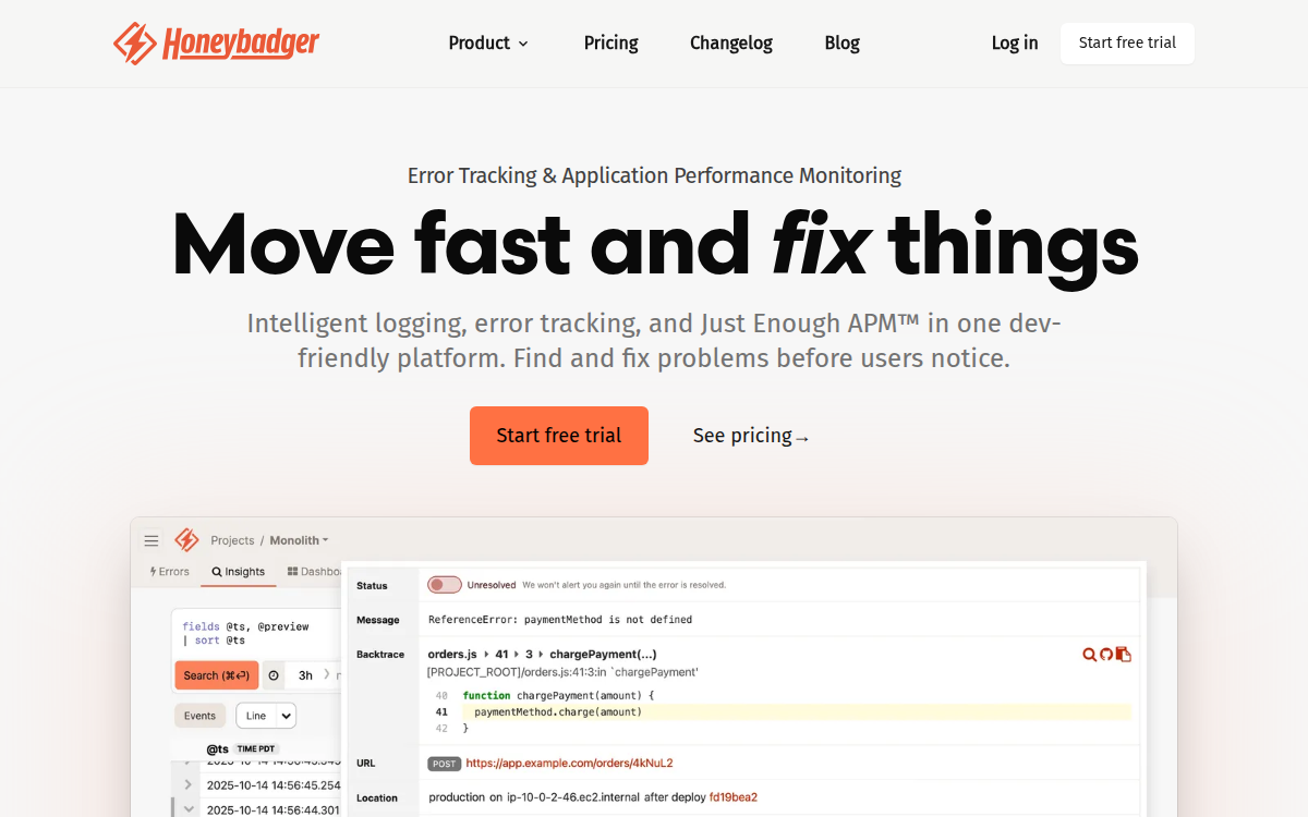Homepage of honeybadger.io