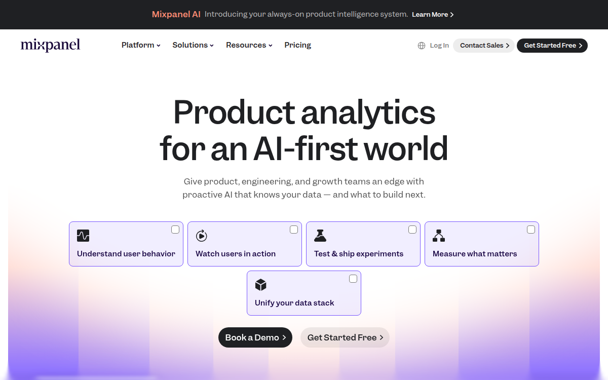Homepage of mixpanel.com