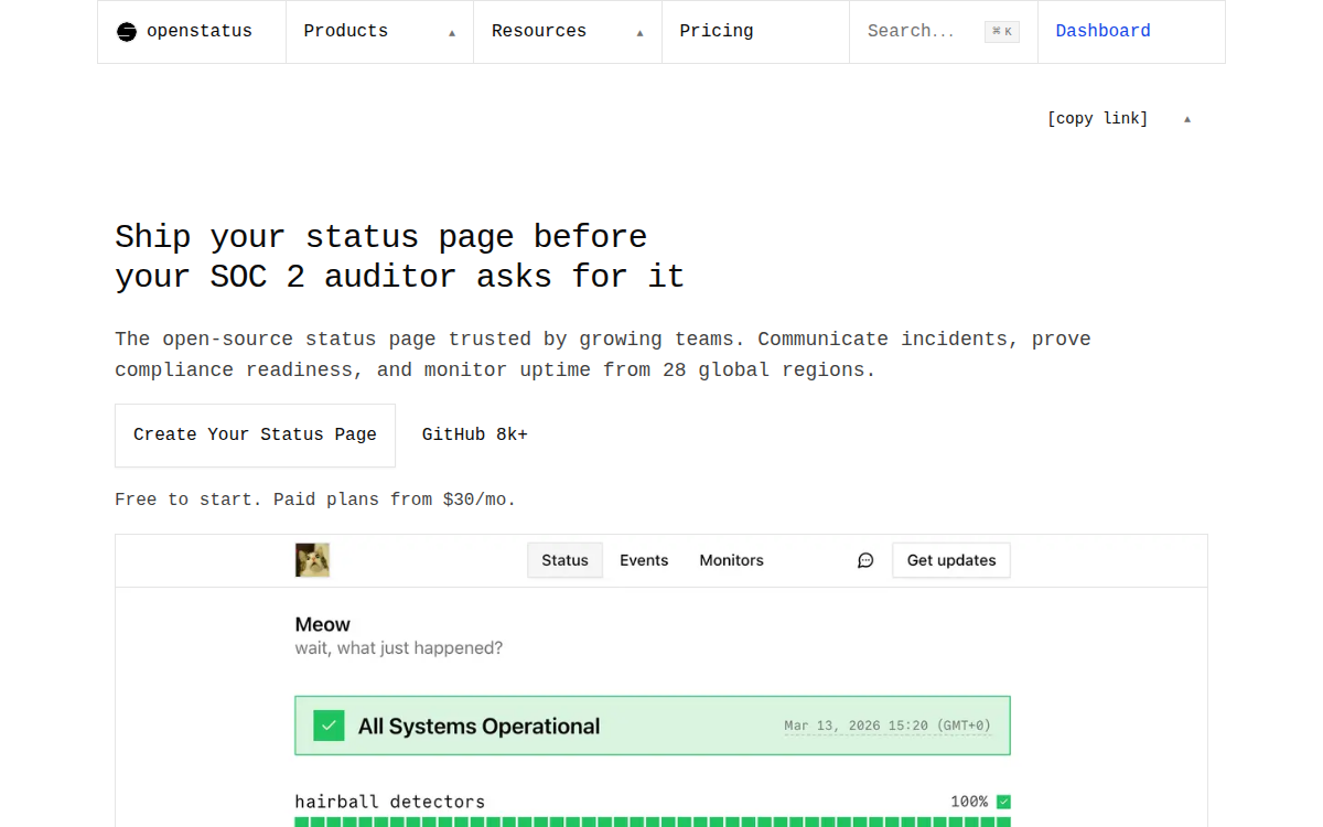 Homepage of openstatus.dev