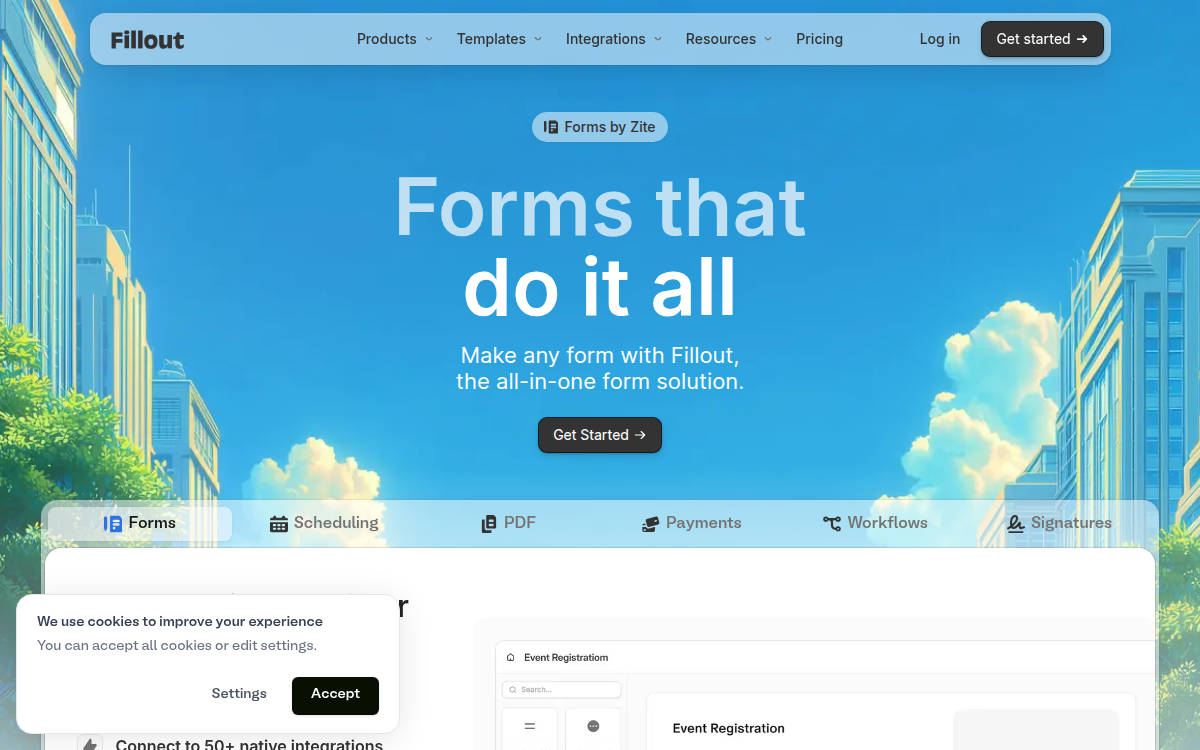 Homepage of fillout.com