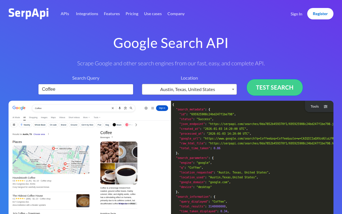 Homepage of serpapi.com