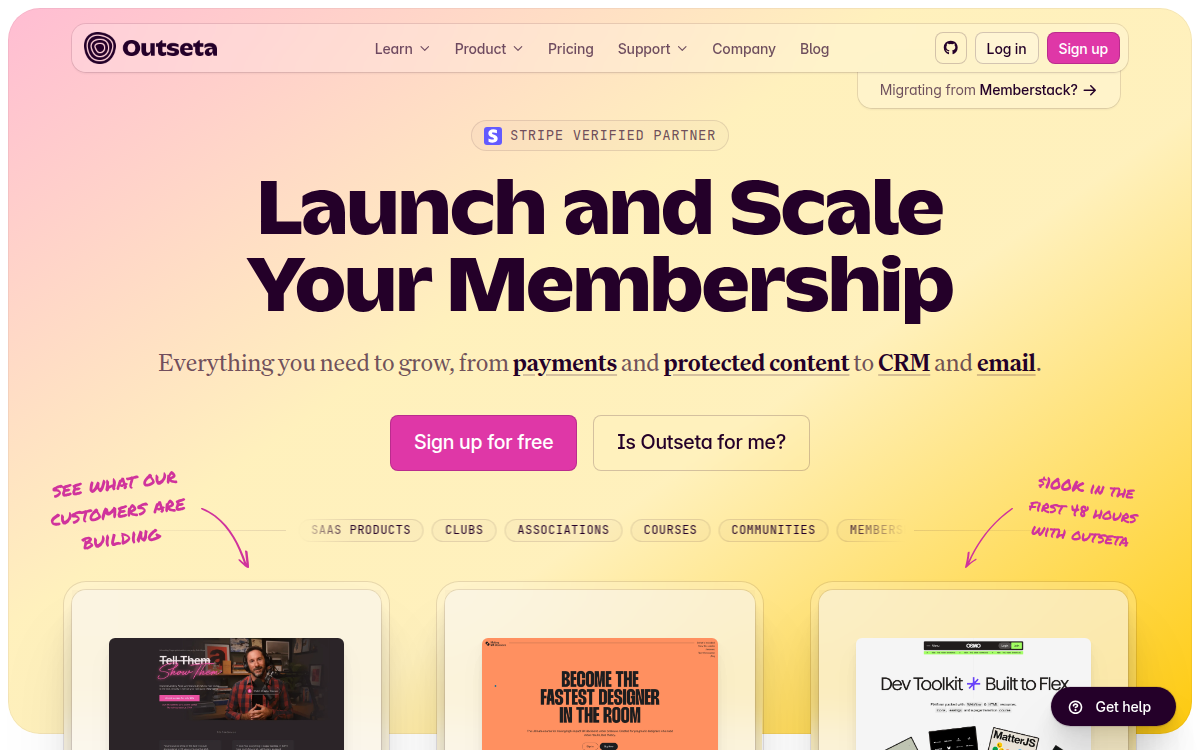 Homepage of outseta.com
