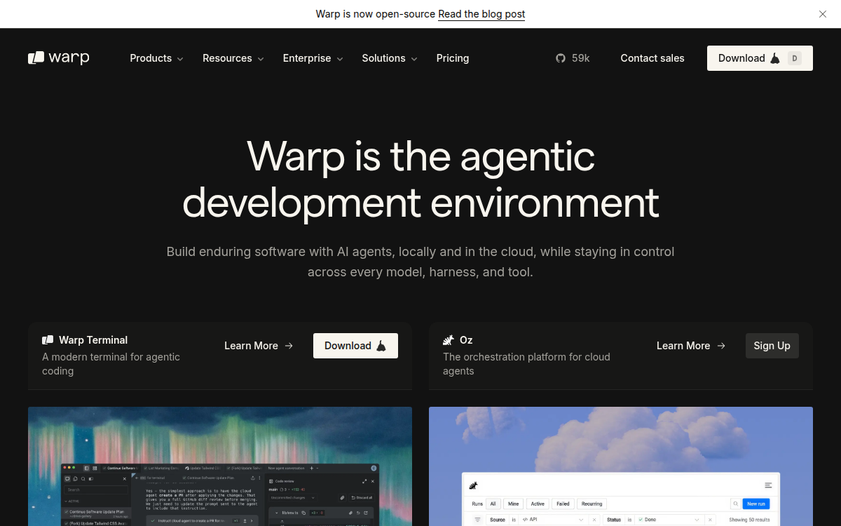 Homepage of warp.dev