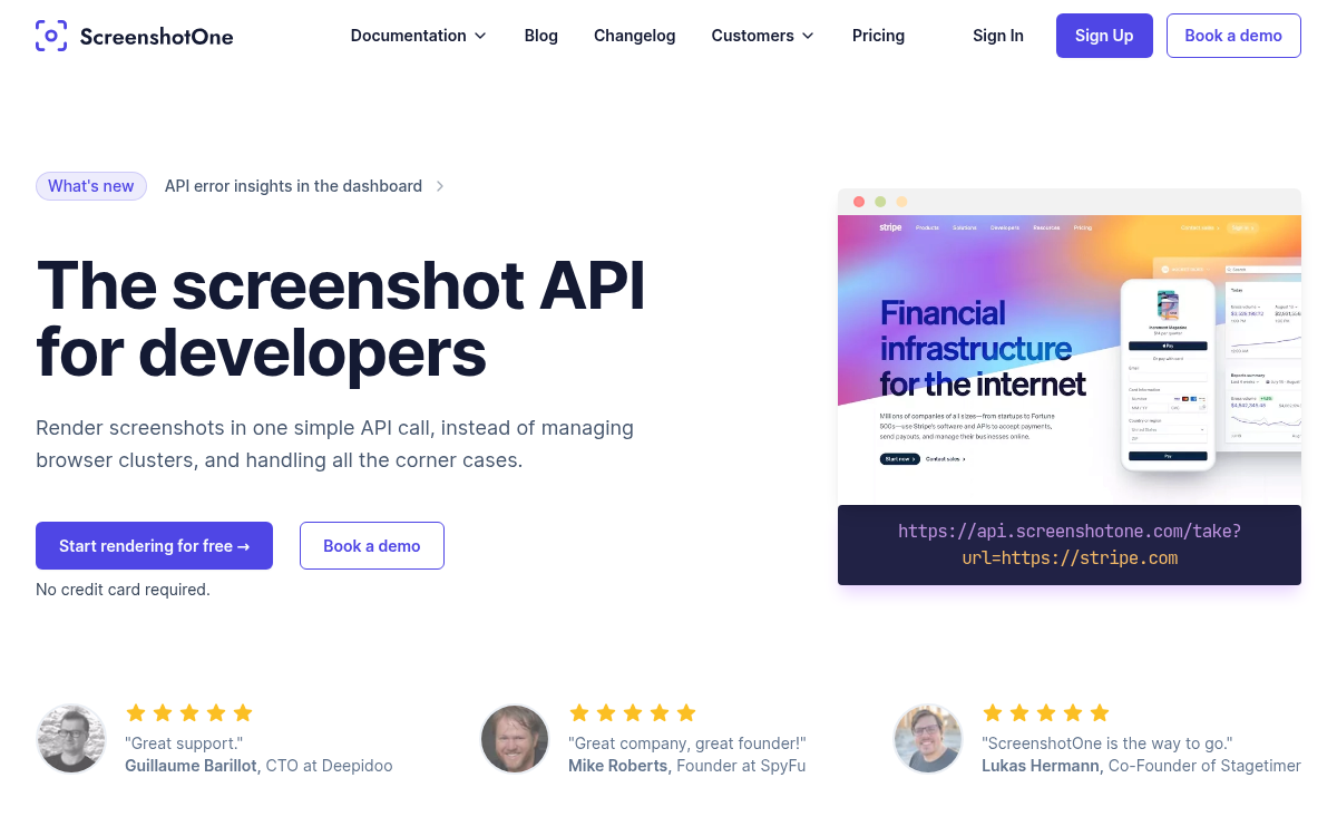 Homepage of screenshotone.com