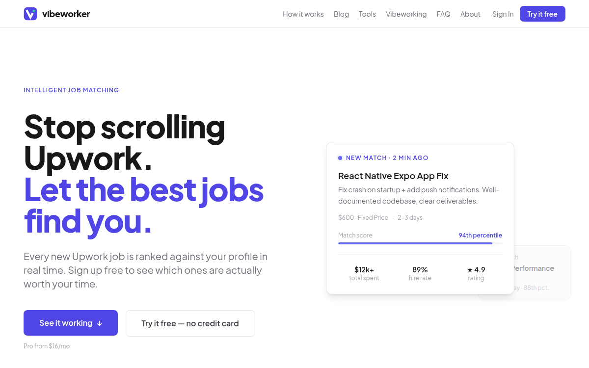 Homepage of tryvibeworker.com