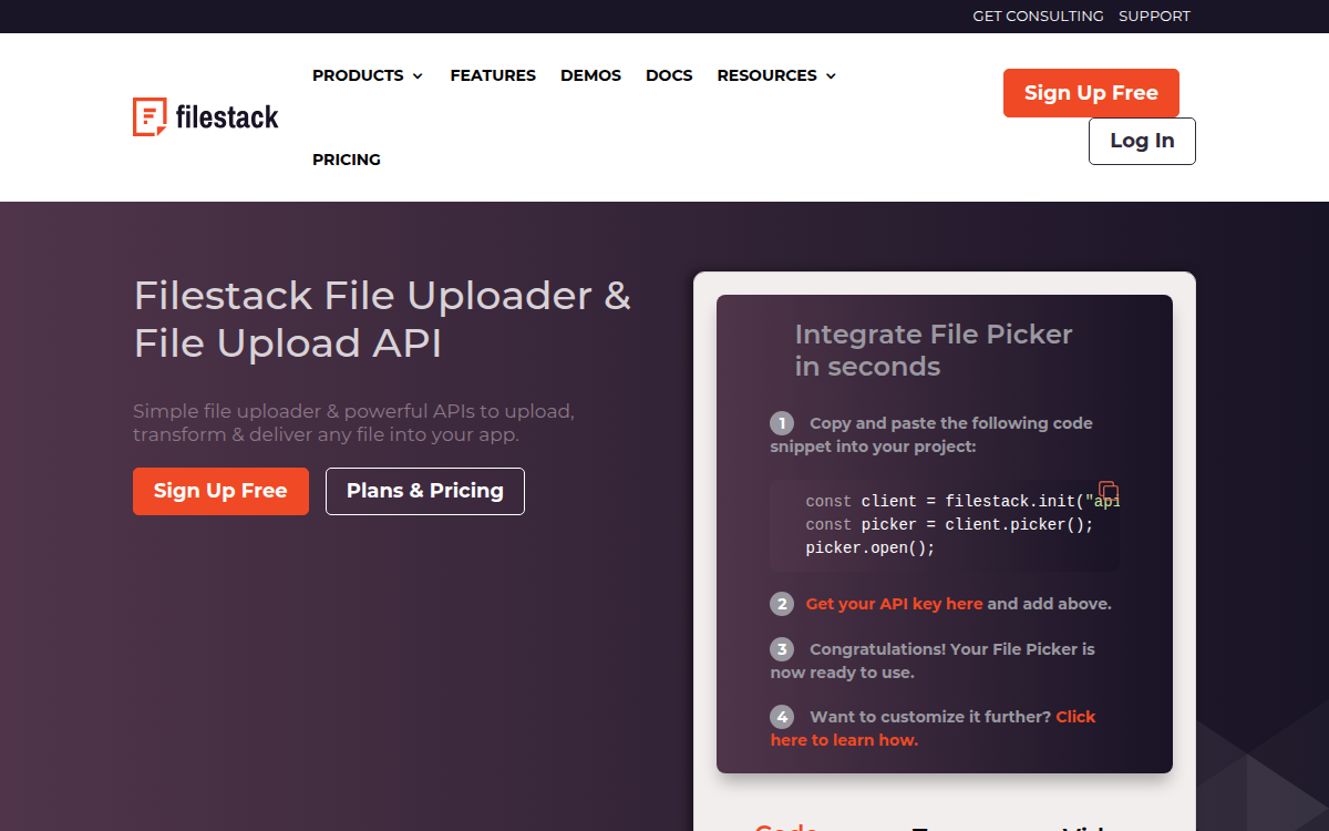 Homepage of filestack.com