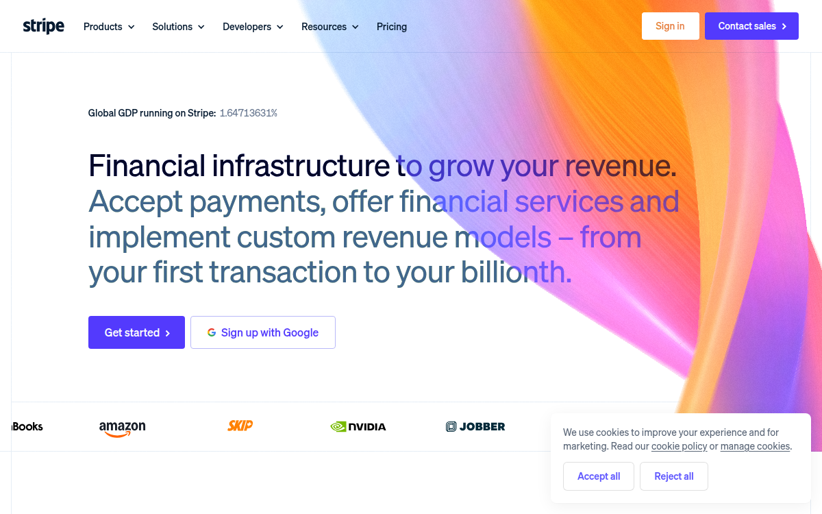 Homepage of stripe.com