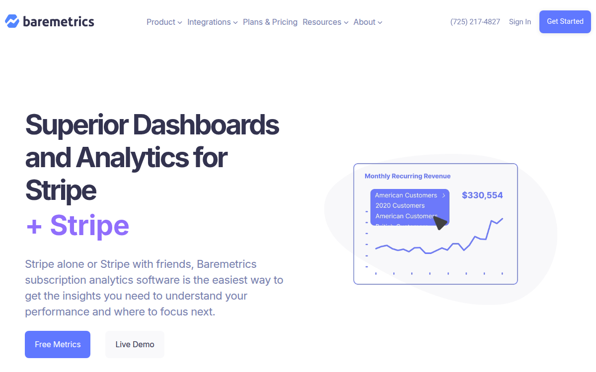 Homepage of baremetrics.com