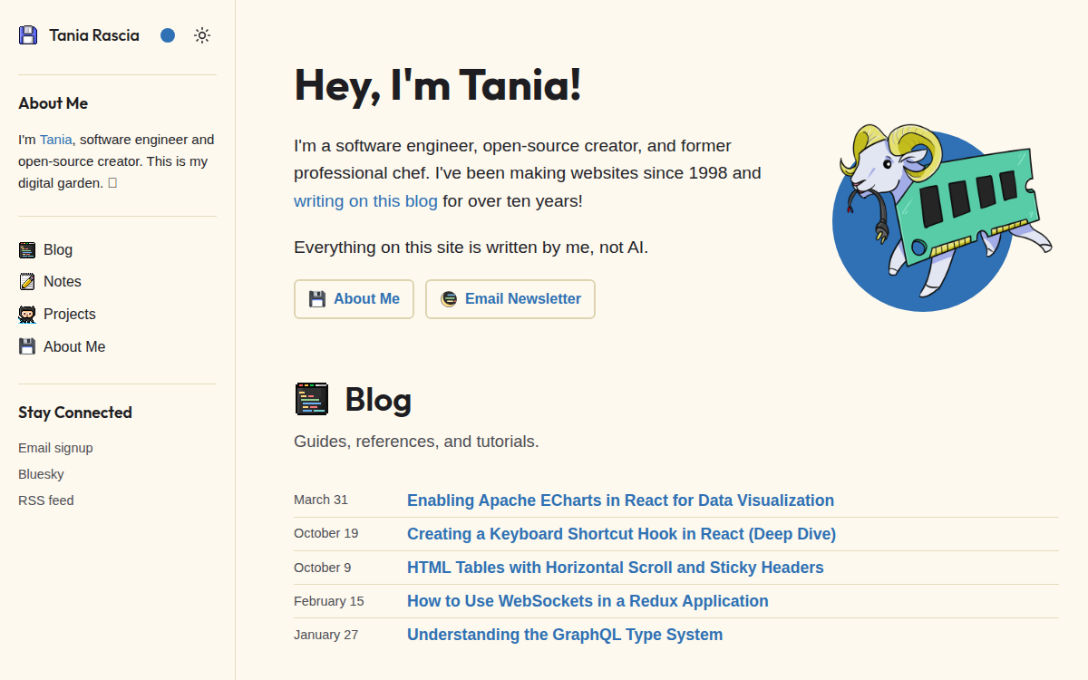 Homepage of tania.dev