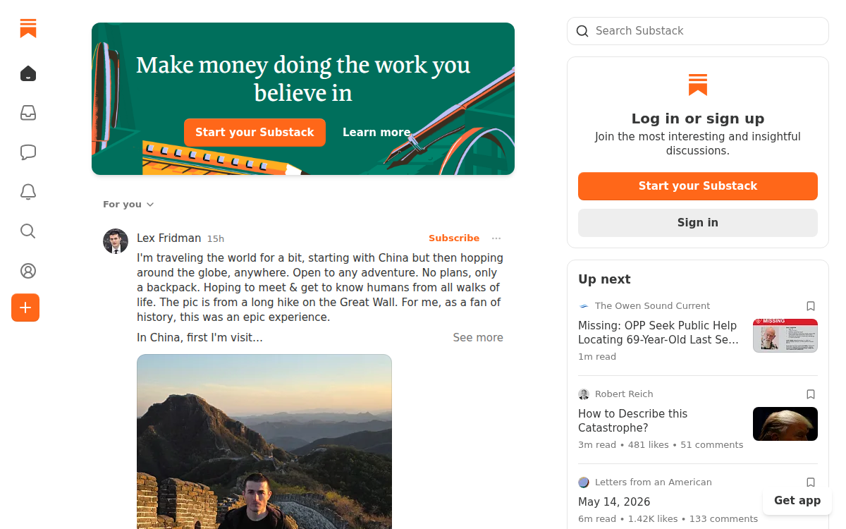 Homepage of substack.com