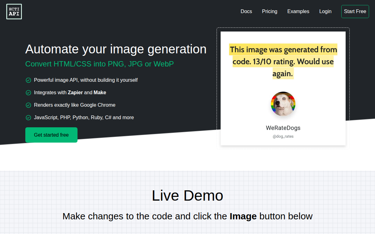 Homepage of htmlcsstoimage.com