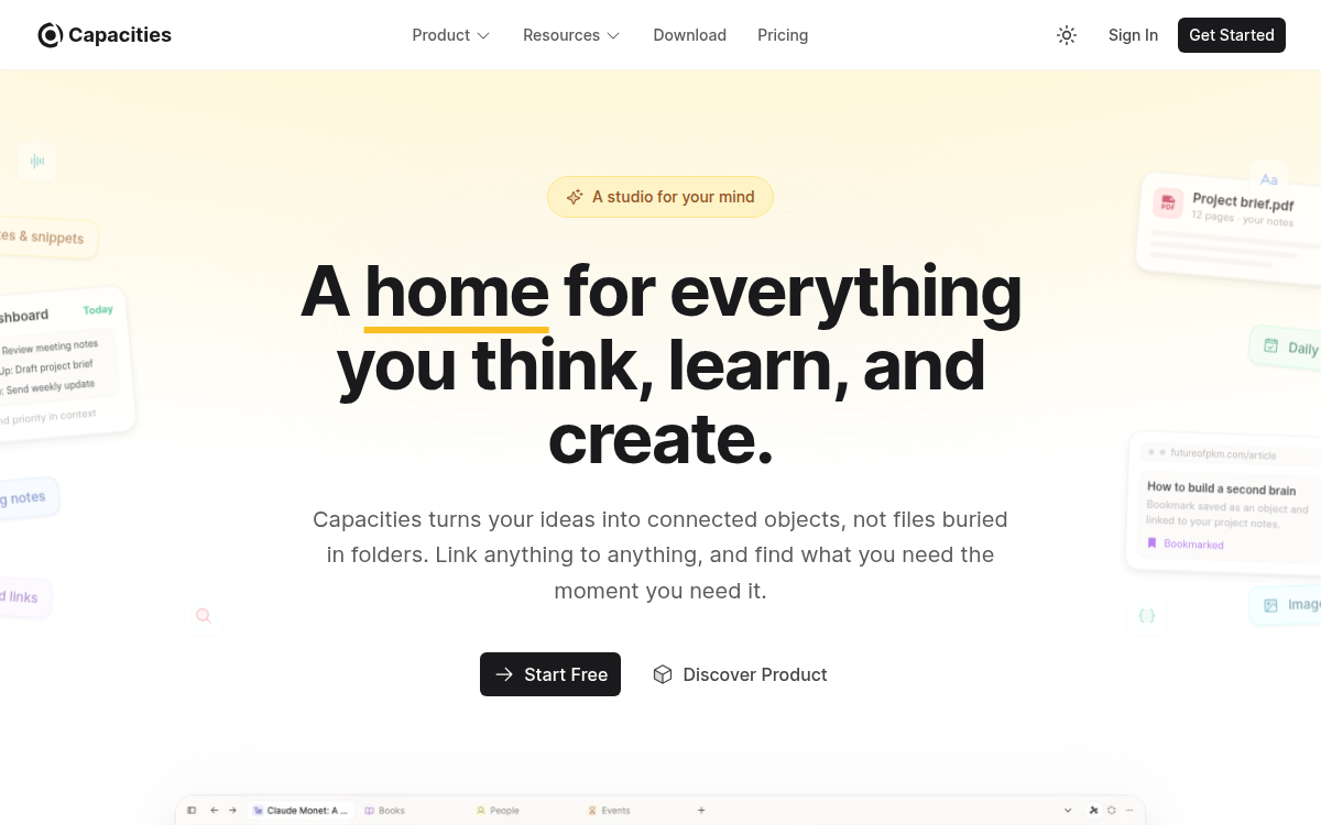 Homepage of capacities.io