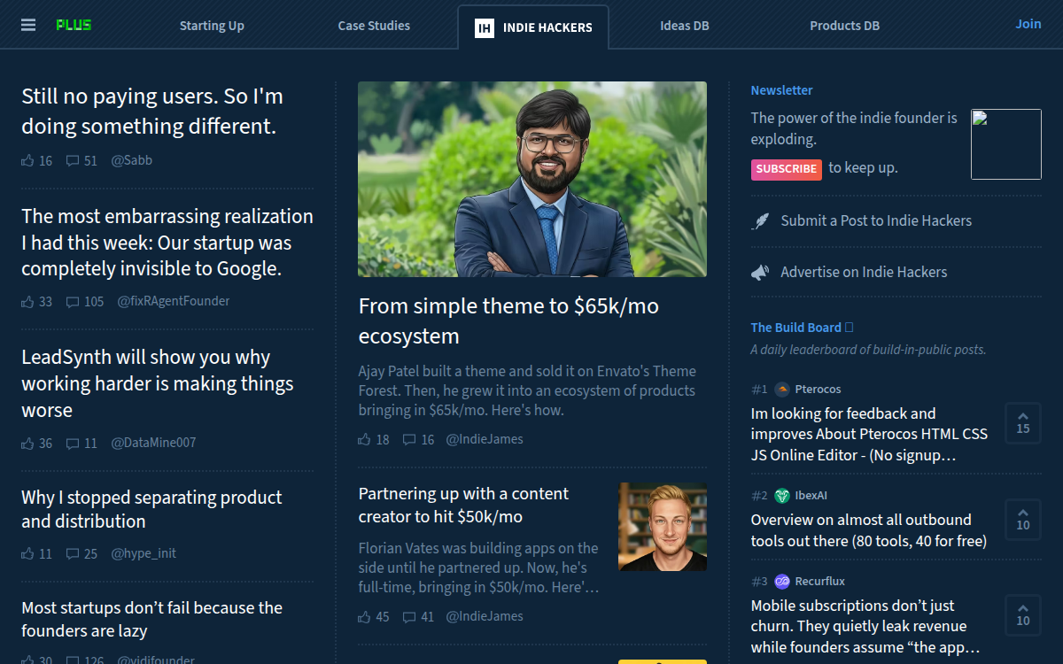 Homepage of indiehackers.com