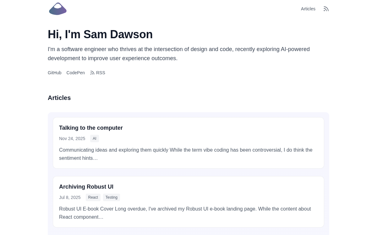 Homepage of samdawson.dev