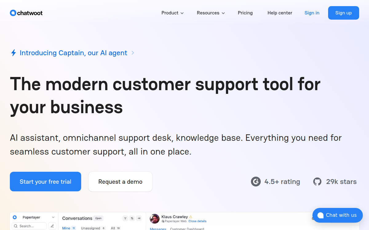 Homepage of chatwoot.com