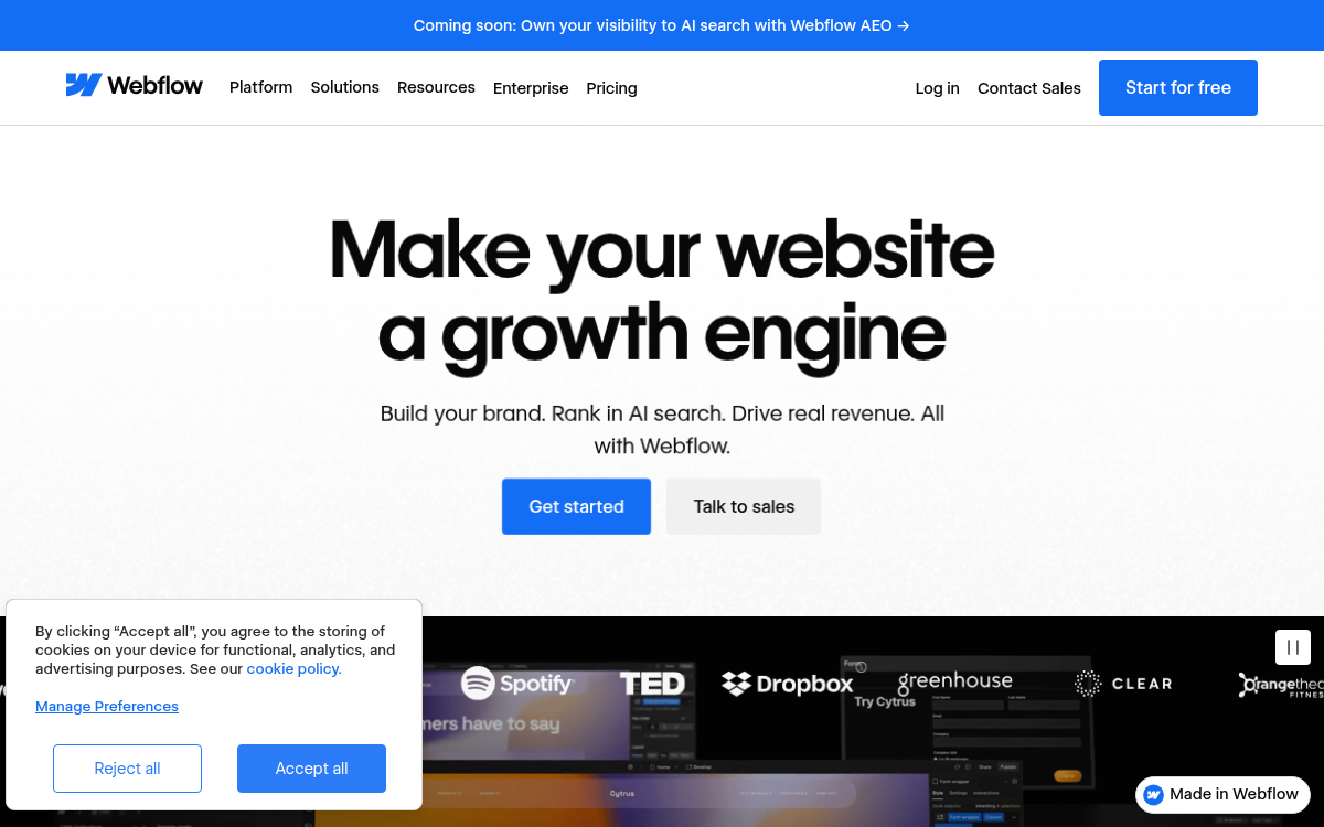 Homepage of webflow.com
