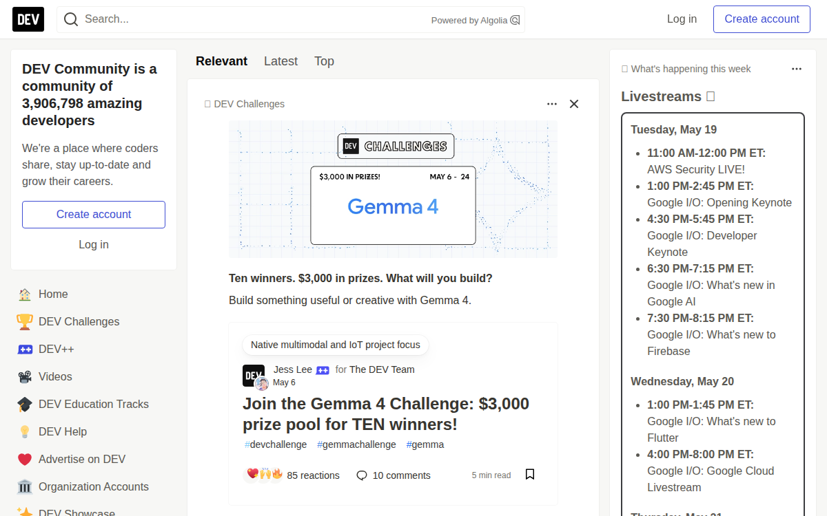 Homepage of dev.to