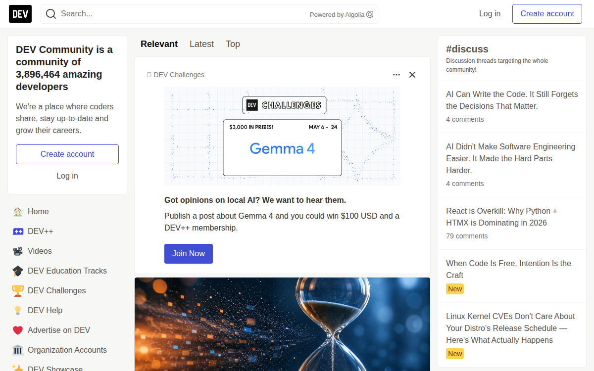 Homepage of dev.to