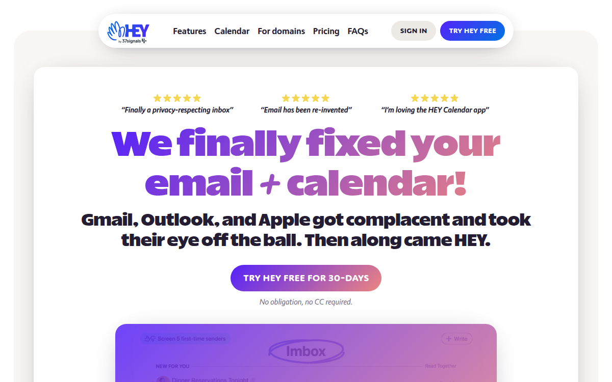 Homepage of hey.com