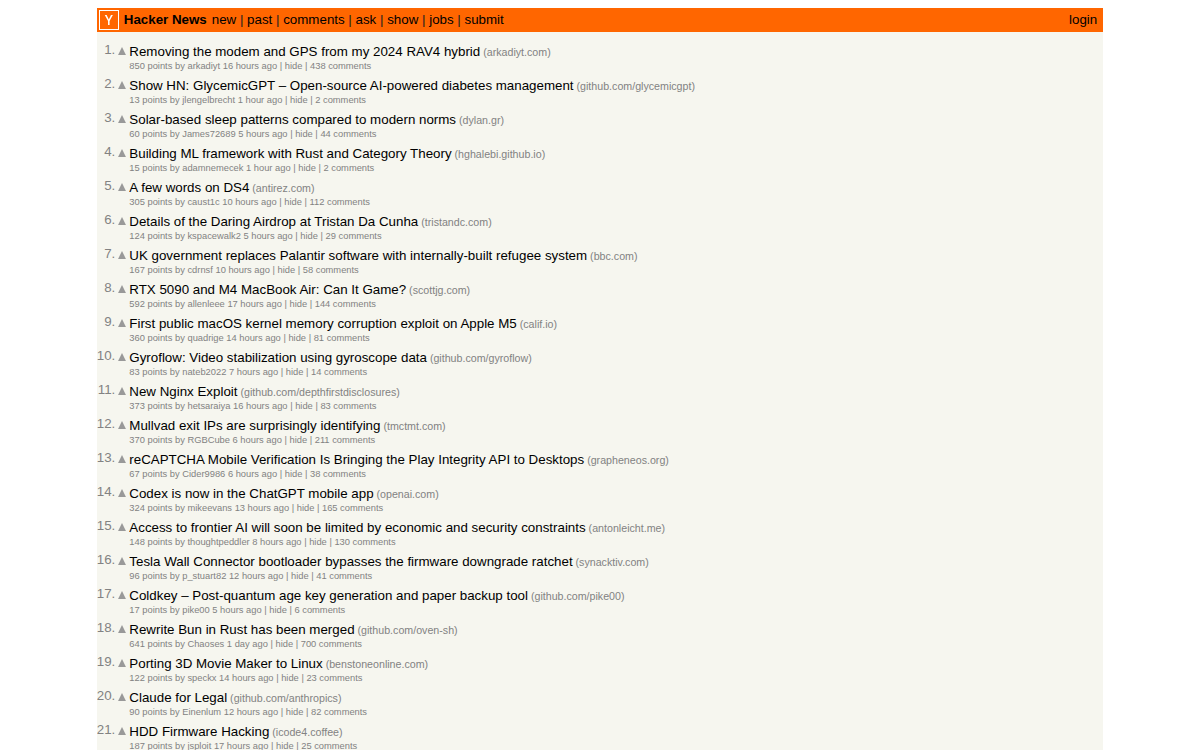 Homepage of news.ycombinator.com