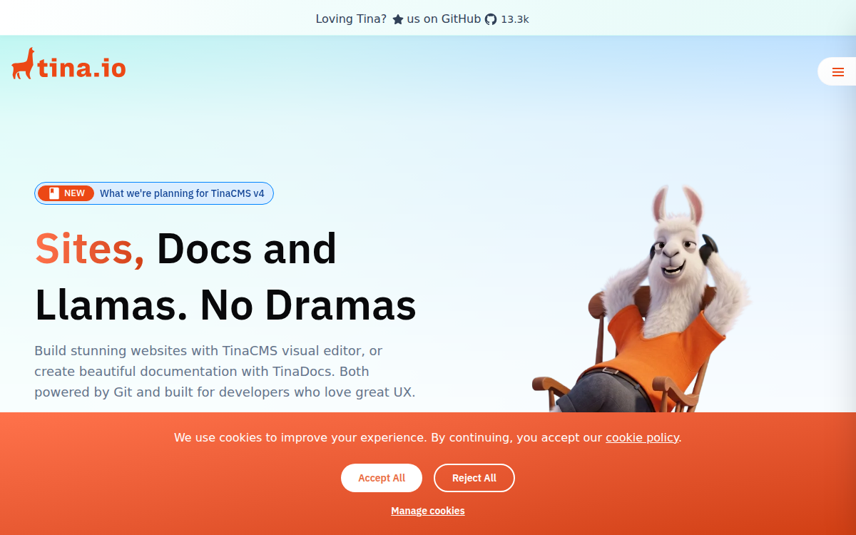 Homepage of tinacms.org