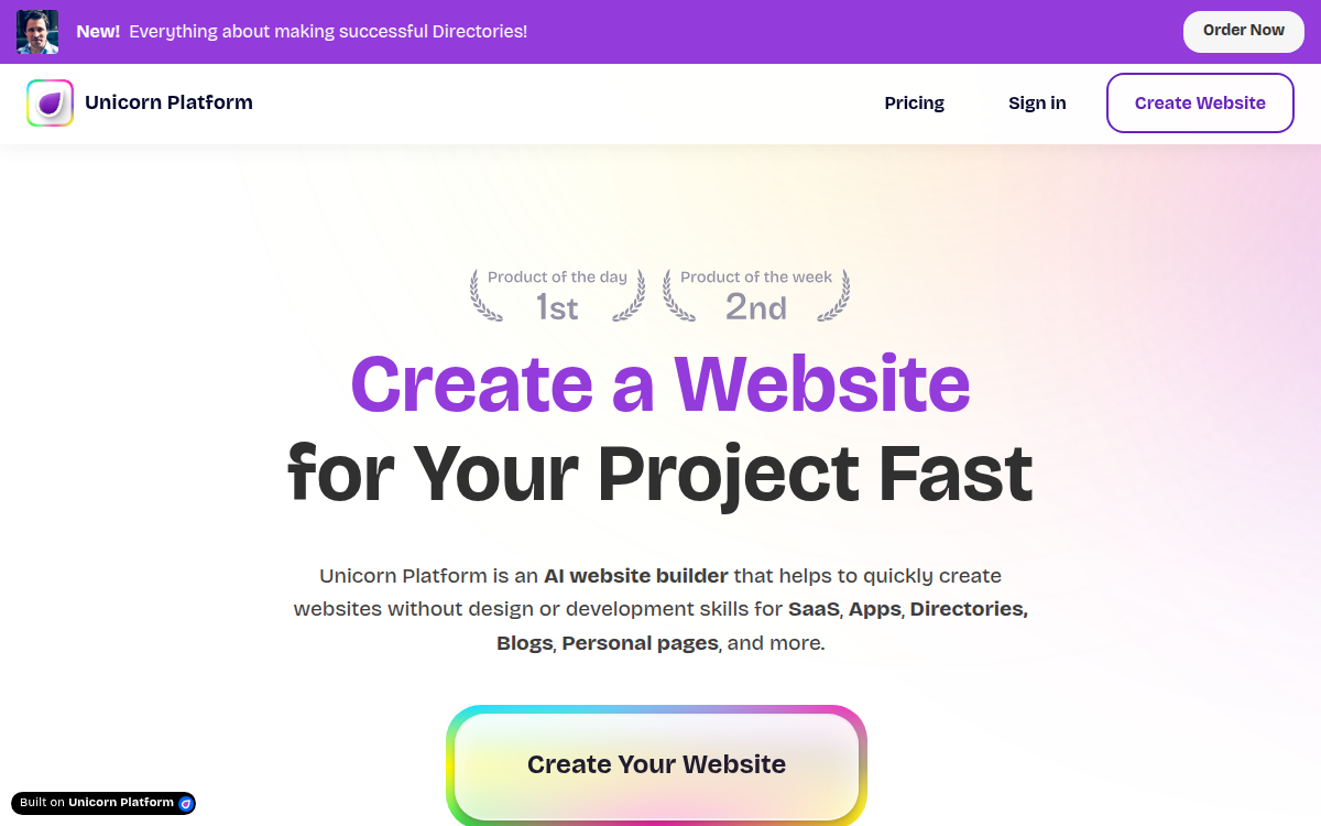 Homepage of unicornplatform.com