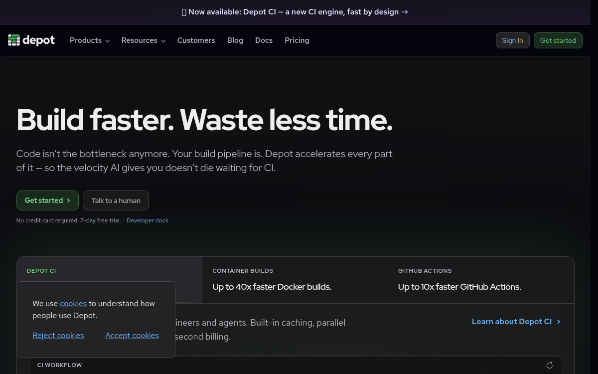 Homepage of depot.dev