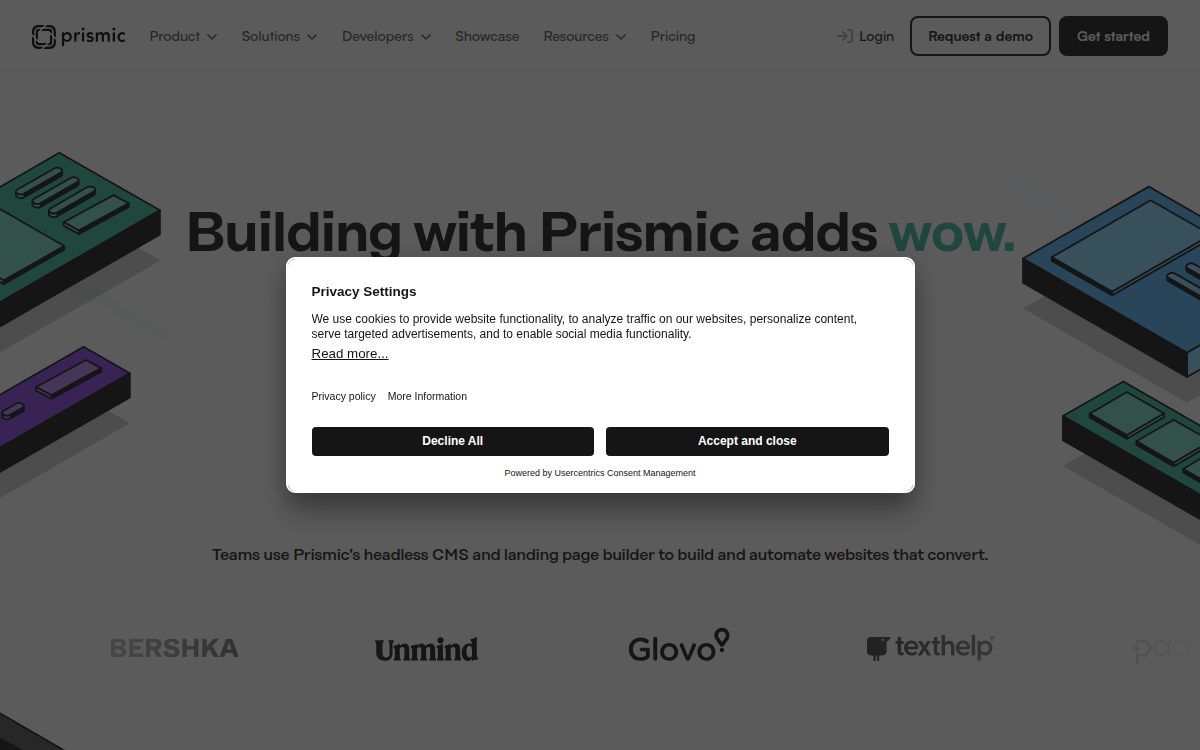 Homepage of prismic.io