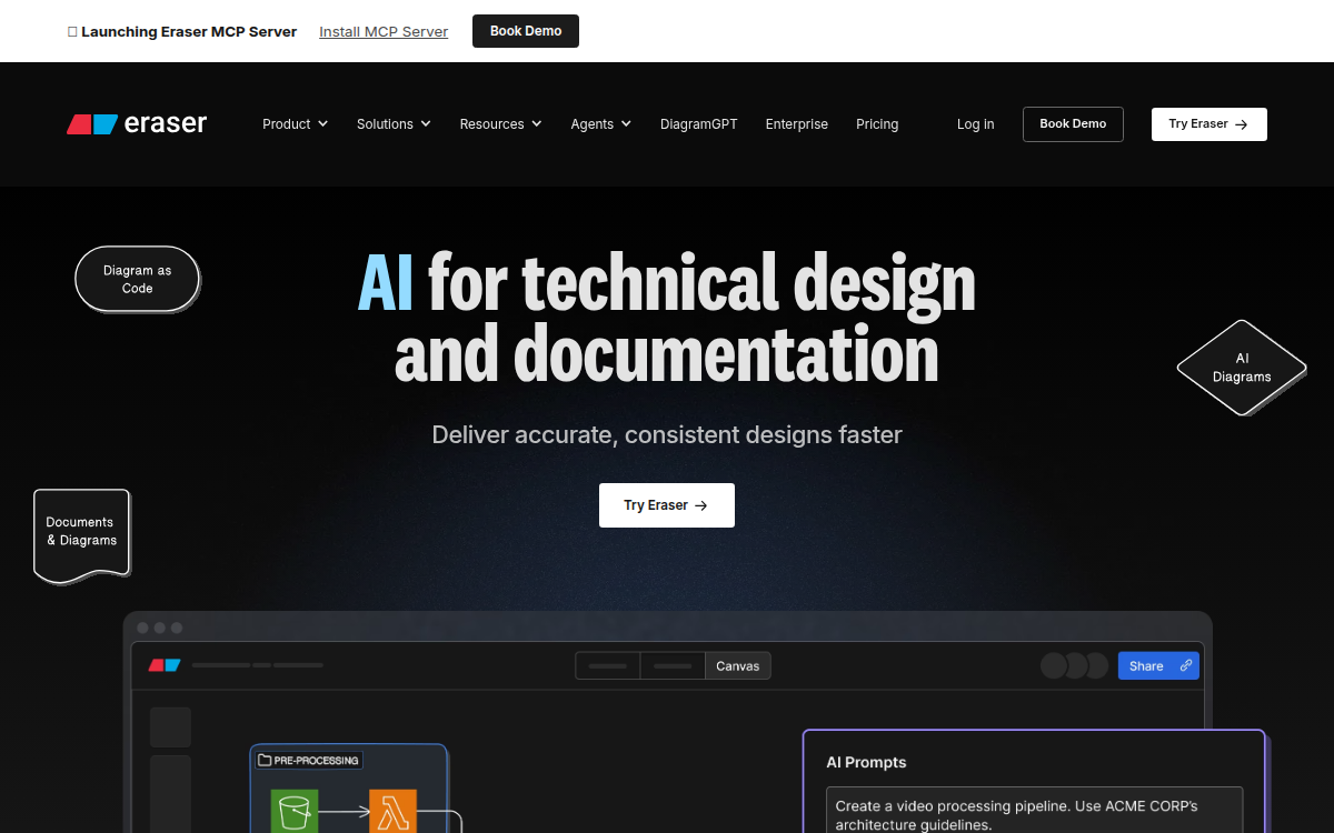 Homepage of eraser.io
