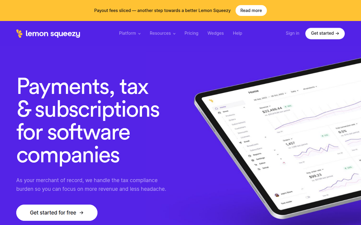 Homepage of lemonsqueezy.com