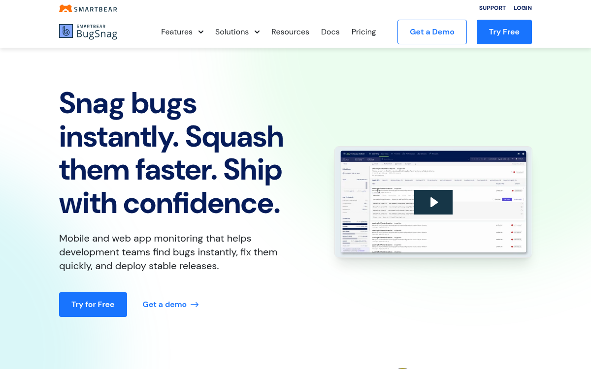 Homepage of bugsnag.com