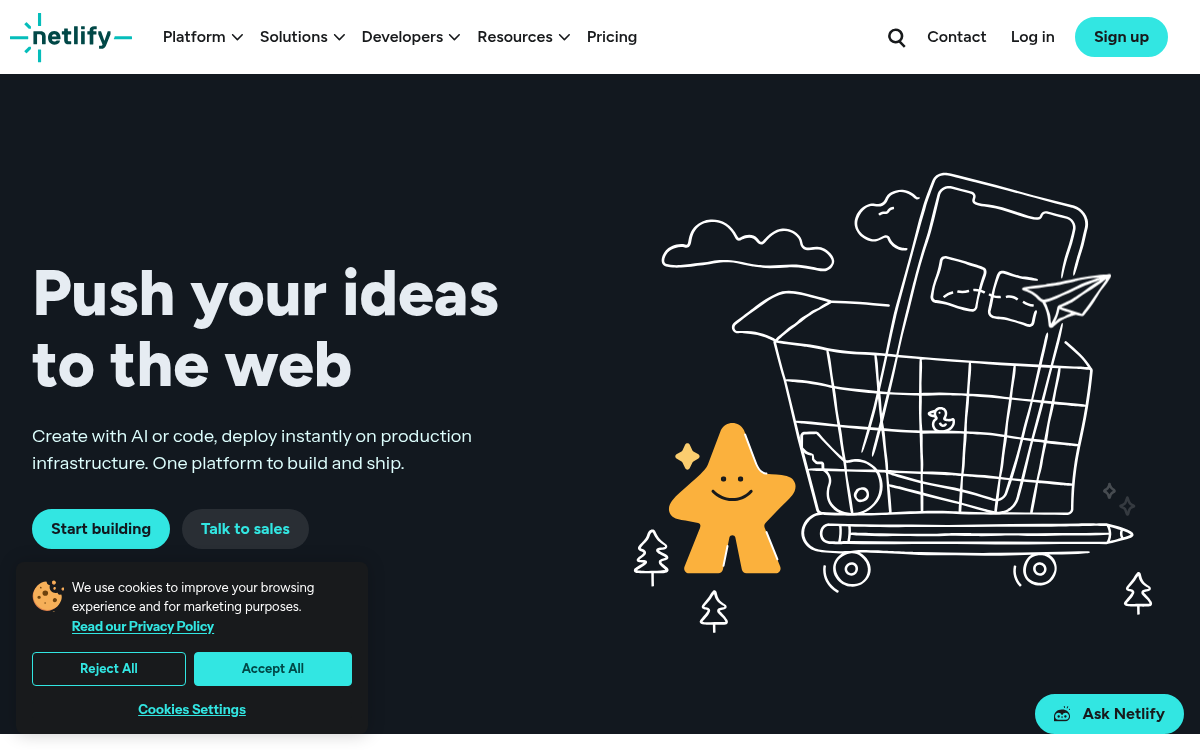 Homepage of netlify.com